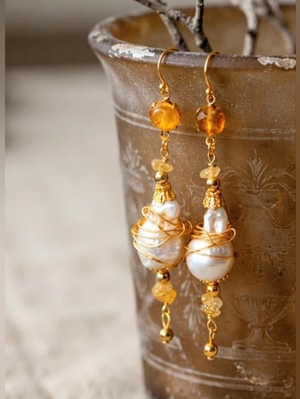 Genuine Citrine & Large Baroque Pearls In Artisan Handmade Long Earrings